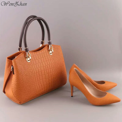 WENZHAN High Heels Women Sexy Pumps With Handbag Sets Thin Heel Pointed Toe Match Beautiful Leather Women Gripesack 0711-16