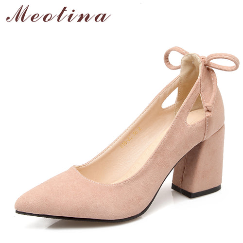 Meotina Women Pumps Thick Heel Female Shoes Pointed Toe High Heels Bow Ladies Party Shoes Slip On Shoes Black Plus Size 33-46 43