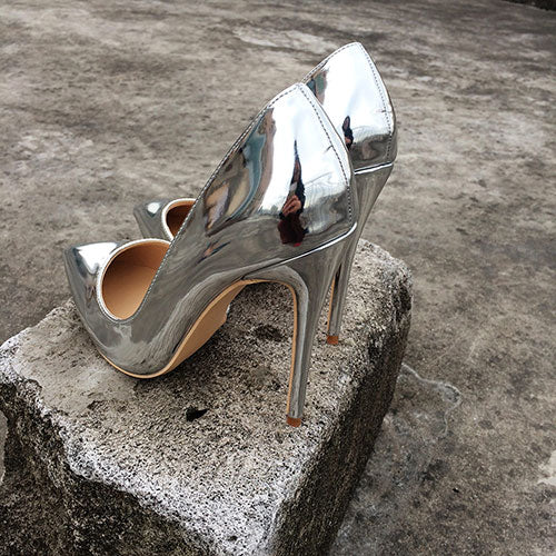 Veowalk Shiny Silver Women D'Orsay High Heels Pointed Toe Sexy Ladies 12/10/8cm Heeled Party Shoes Wedding Bride Bridal Pumps