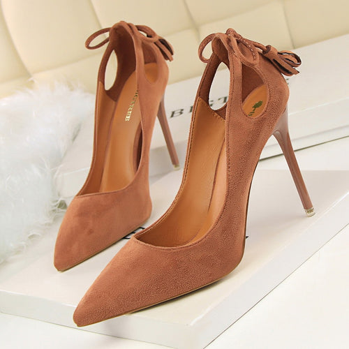 BIGTREE  Women Pumps  Cut-Outs Bowtie Tassel  Fashion Solid Suede Pointed Toe Shallow High Heels Shoes