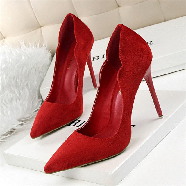 BIGTREE  Women Pumps  Cut-Outs Bowtie Tassel  Fashion Solid Suede Pointed Toe Shallow High Heels Shoes