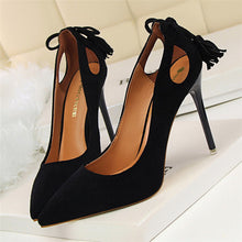 Load image into Gallery viewer, BIGTREE  Women Pumps  Cut-Outs Bowtie Tassel  Fashion Solid Suede Pointed Toe Shallow High Heels Shoes