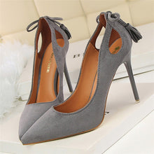 Load image into Gallery viewer, BIGTREE  Women Pumps  Cut-Outs Bowtie Tassel  Fashion Solid Suede Pointed Toe Shallow High Heels Shoes