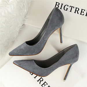 2018 New High Heels Women Fashion Pointed Toe Office Shoes Women's Solid Flock Shallow High Heels Shoes for Women 9 Colors