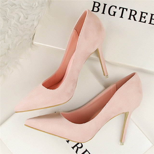 2018 New High Heels Women Fashion Pointed Toe Office Shoes Women's Solid Flock Shallow High Heels Shoes for Women 9 Colors