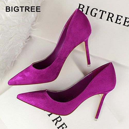 2018 New High Heels Women Fashion Pointed Toe Office Shoes Women's Solid Flock Shallow High Heels Shoes for Women 9 Colors