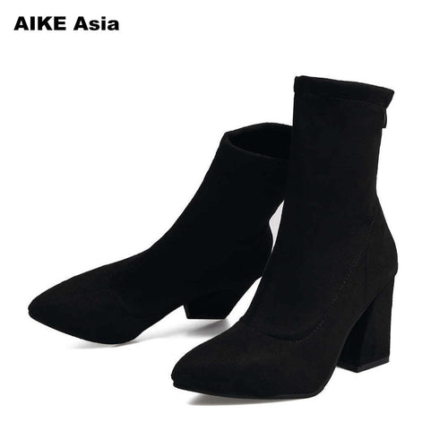 2018 Women Boots Strange Style Thick High Heels Autumn Winter Female Short Fashion Stretch Lycra Sock Shoes Woman Zipper