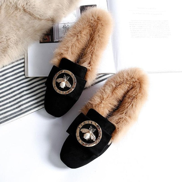 Genuine Leather Wool Winter Flat Shoes Woman Warm Snow Boots Ladies Fur Ankle Boots Plus Size Bee Fashion Moccasins Footwear new