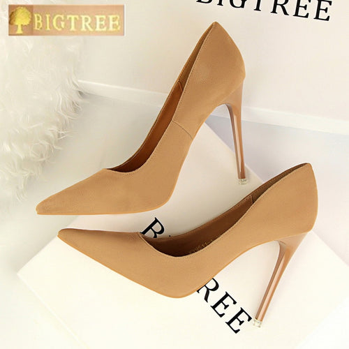 5 Colors Concise Women's OL Office Shoes 2018 New Show Thin Women Pumps Solid Flock Pointed Toe Shallow Fashion High Heels Shoes