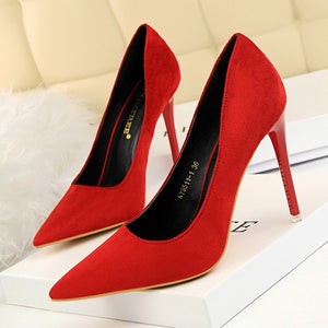 5 Colors Concise Women's OL Office Shoes 2018 New Show Thin Women Pumps Solid Flock Pointed Toe Shallow Fashion High Heels Shoes