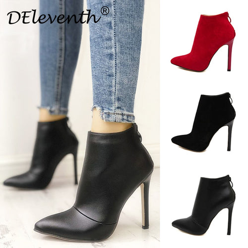 Belle Contracted Style Solid Color Black Women Red Wedding Shoes Back Zipper Pointed Toe High Heel Boots Shoes Woman Ankle Boots