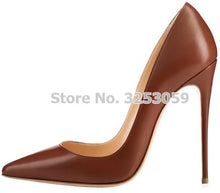 Load image into Gallery viewer, ALMUDENA Top Brand Nude Brown Wine Red Matte Leather High Heel Shoes Celebrity Popular Shallow Pumps 12cm Stiletto Heels Shoes