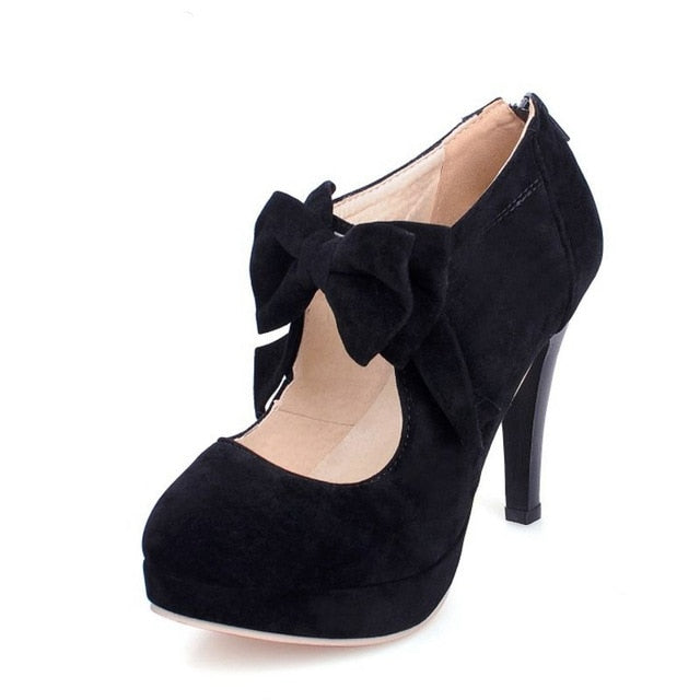 TAOFFEN Dropship Plush Size 30-47 Women High Heel Pumps Bowtie Platform Shoes Ladies Sexy Thin Heels Shoes For Women Footwear