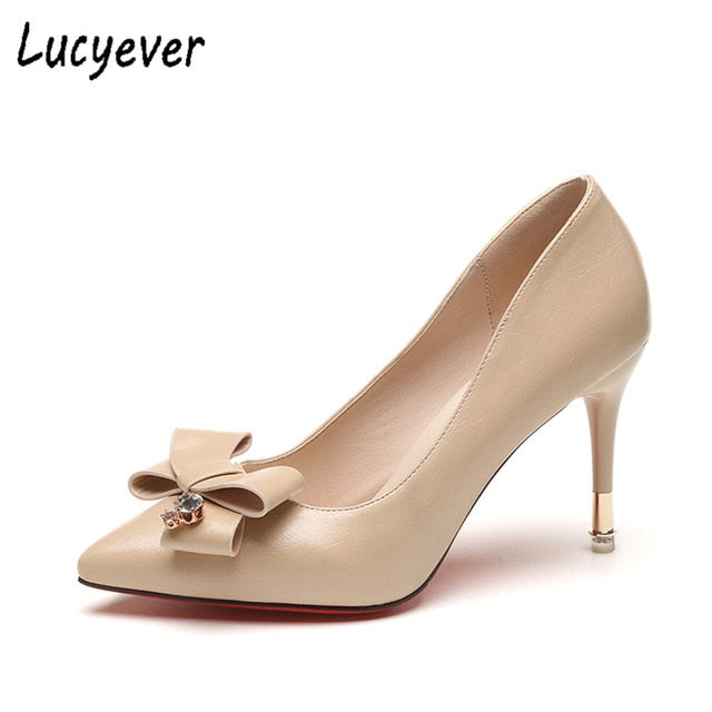 Lucyever Women Thin High Heels Stiletto Pumps Ladies Sexy Bowtie Pointed Toe Shallow Crystals Party Wedding Dress Shoes Woman