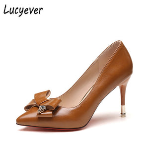 Lucyever Women Thin High Heels Stiletto Pumps Ladies Sexy Bowtie Pointed Toe Shallow Crystals Party Wedding Dress Shoes Woman