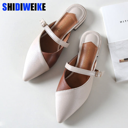 2019 Summer Classic Mules Shoes Slides PU Leather Outdoor Slipper Flat Heel Platform Buckle Woman Pointed toe Shoes Sandals n674