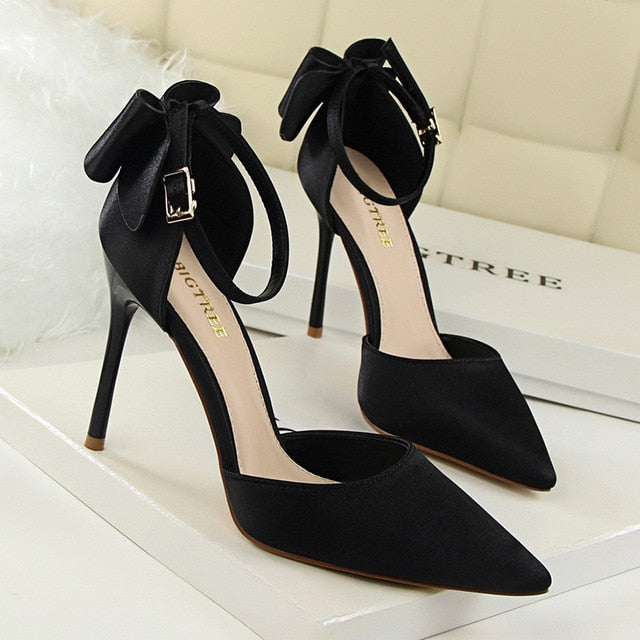 2019 Women Pumps New Sweet Shoes Women High Heel Shallow Mouth Sharp Silk Hollow Bow Big Size42 43 Sandalias Mujer 5196-1