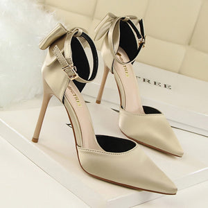 2019 Women Pumps New Sweet Shoes Women High Heel Shallow Mouth Sharp Silk Hollow Bow Big Size42 43 Sandalias Mujer 5196-1