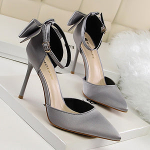 2019 Women Pumps New Sweet Shoes Women High Heel Shallow Mouth Sharp Silk Hollow Bow Big Size42 43 Sandalias Mujer 5196-1