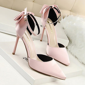 2019 Women Pumps New Sweet Shoes Women High Heel Shallow Mouth Sharp Silk Hollow Bow Big Size42 43 Sandalias Mujer 5196-1