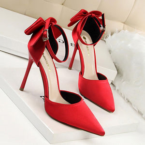 2019 Women Pumps New Sweet Shoes Women High Heel Shallow Mouth Sharp Silk Hollow Bow Big Size42 43 Sandalias Mujer 5196-1