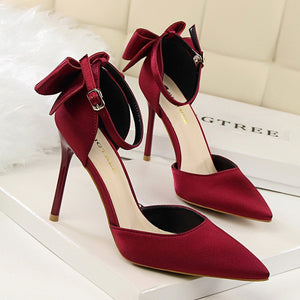 2019 Women Pumps New Sweet Shoes Women High Heel Shallow Mouth Sharp Silk Hollow Bow Big Size42 43 Sandalias Mujer 5196-1