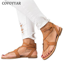 Load image into Gallery viewer, COVOYYAR Big Sizes Gladiator Women Sandals 2019 Summer Buckle Ankle Strap Flat Lady Flip Flops Women Black Rome Shoes WSS950