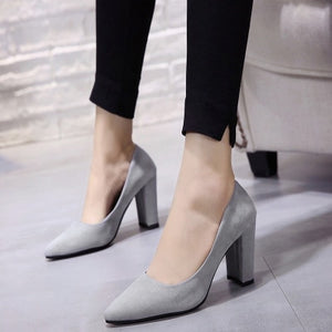 2019 new Black high heels 9cm female winter thick with autumn suede pointed single shoes female Female sandals  s090