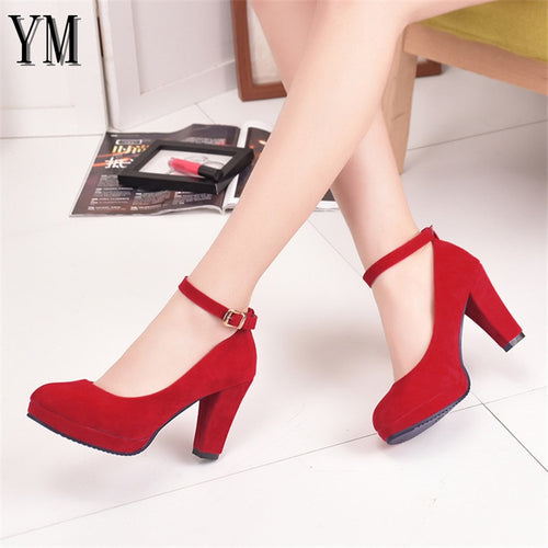 Sexy Red Ankle Strap 9CM High heels Autumn Flock Round toe High heels Female Platform Summer Shoes Women Pumps Sandals Muje