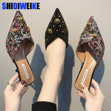 Load image into Gallery viewer, Women Summer High Heels Mules Slippers Ladies Pointed Toe Strange Style Rivet Outside Shoes Woman Fashion Footwear g021