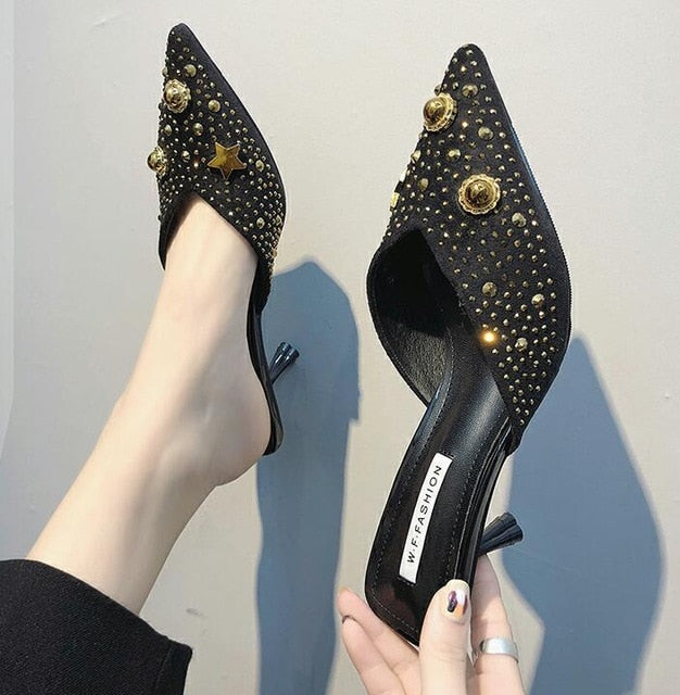 Women Summer High Heels Mules Slippers Ladies Pointed Toe Strange Style Rivet Outside Shoes Woman Fashion Footwear g021