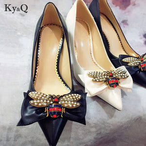 2019 High Heel Wedding Party Shoes Women Pumps Stiletto Thin Heel Pointed Toe Bowtie Bee Matal Zapatos Shallow Dress 7.5cm heel