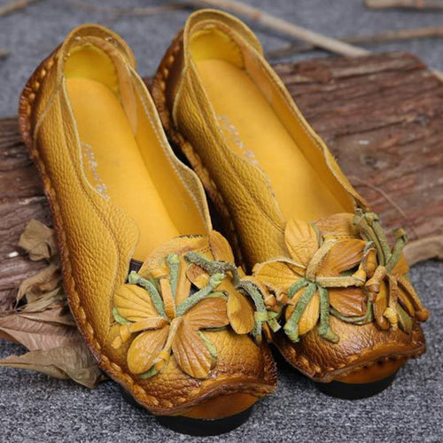 New Autumn Flowers Handmade Shoes Women's Floral Soft Flat Bottom Casual Shoes Folk Style  Moccasins Women Genuine Leather Shoes