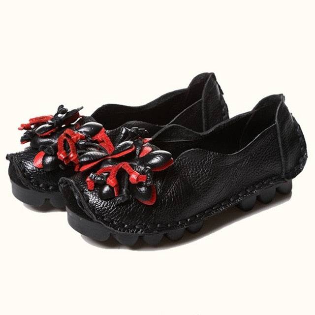 New Autumn Flowers Handmade Shoes Women's Floral Soft Flat Bottom Casual Shoes Folk Style  Moccasins Women Genuine Leather Shoes