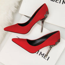 Load image into Gallery viewer, Korean version of the pointed single shoes red bride shoes metal hollow suede stiletto heels explosion promotion