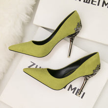 Load image into Gallery viewer, Korean version of the pointed single shoes red bride shoes metal hollow suede stiletto heels explosion promotion