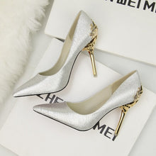 Load image into Gallery viewer, Korean version of the pointed single shoes red bride shoes metal hollow suede stiletto heels explosion promotion