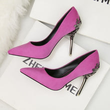 Load image into Gallery viewer, Korean version of the pointed single shoes red bride shoes metal hollow suede stiletto heels explosion promotion