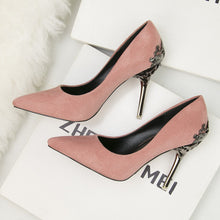 Load image into Gallery viewer, Korean version of the pointed single shoes red bride shoes metal hollow suede stiletto heels explosion promotion