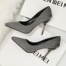 Load image into Gallery viewer, Korean version of the pointed single shoes red bride shoes metal hollow suede stiletto heels explosion promotion