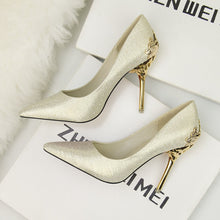Load image into Gallery viewer, Korean version of the pointed single shoes red bride shoes metal hollow suede stiletto heels explosion promotion