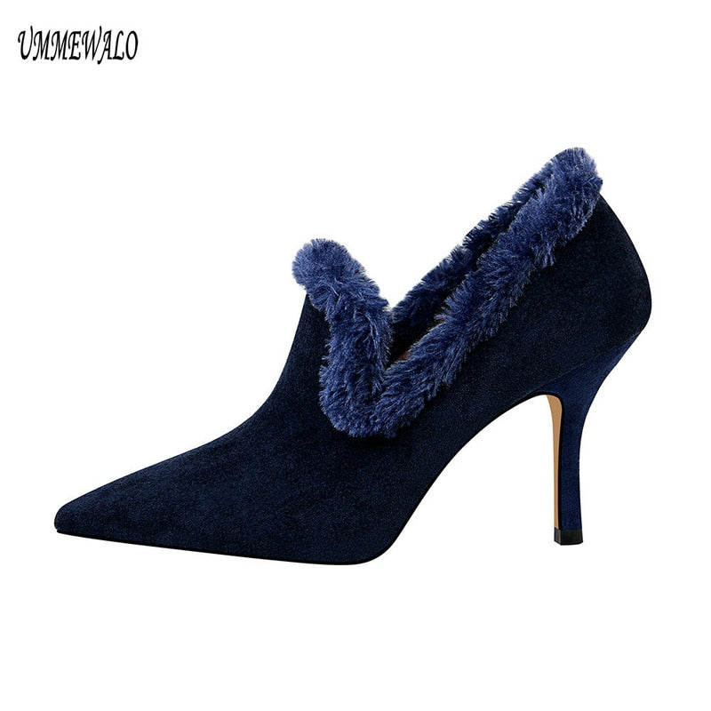 UMMEWALO Pointed Toe Sexy Flock High Heels Shoes Women Autumn Winter Faux Fur Pumps Ladies Shoes