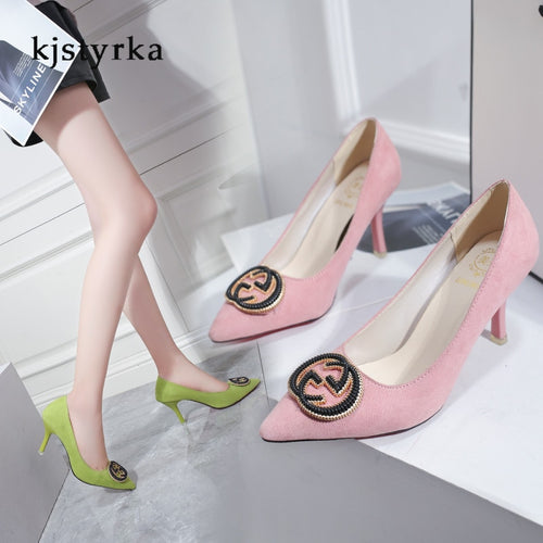 Kjstyrka 2019 new fashion pink green metal decoration Women pumps elegant pointed toe 8cm high thin heels sapato feminino