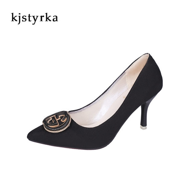 Kjstyrka 2019 new fashion pink green metal decoration Women pumps elegant pointed toe 8cm high thin heels sapato feminino