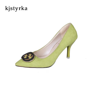 Kjstyrka 2019 new fashion pink green metal decoration Women pumps elegant pointed toe 8cm high thin heels sapato feminino