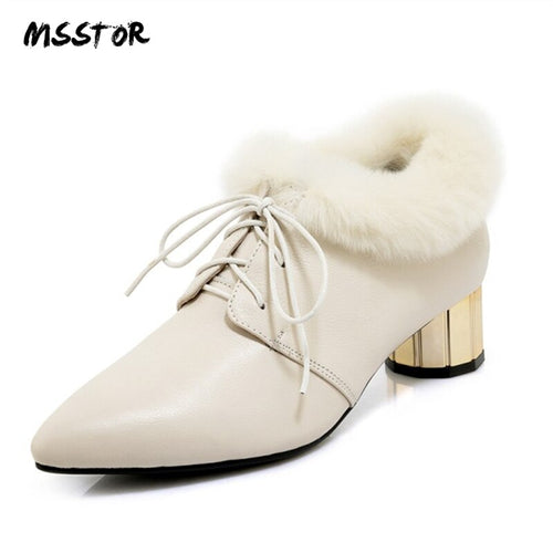 MSSTOR Fashion Fur Shoes Woman Party Pointed Toe Lace Up Shoes Strange Style Pumps Shoes Women Winter Warm Black Sexy High Heels