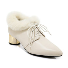 Load image into Gallery viewer, MSSTOR Fashion Fur Shoes Woman Party Pointed Toe Lace Up Shoes Strange Style Pumps Shoes Women Winter Warm Black Sexy High Heels