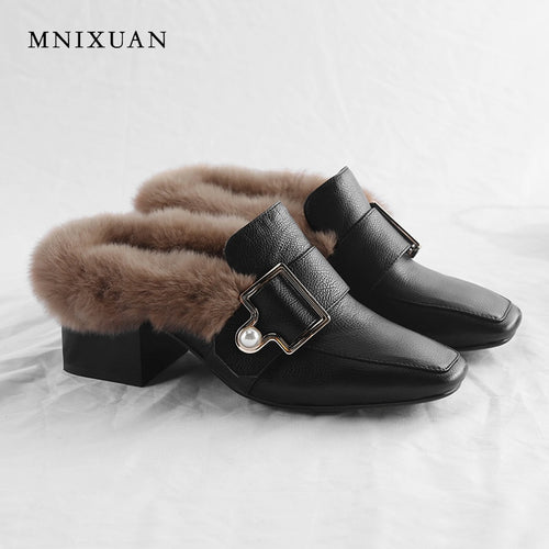 MNIXUAN Fashion warm plush winter shoes mules with fur pump high heels new real leather square toe pearl buckle plus size 34-42