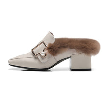 Load image into Gallery viewer, MNIXUAN Fashion warm plush winter shoes mules with fur pump high heels new real leather square toe pearl buckle plus size 34-42