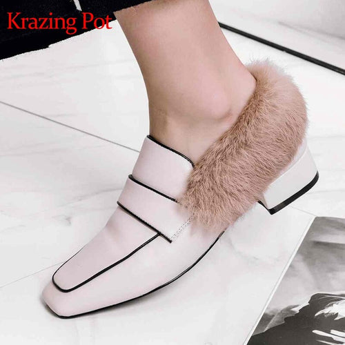 Krazing Pot genuine leather new rabbit fur shoes women fashion med heels square toe European career office lady Winter pumps L89